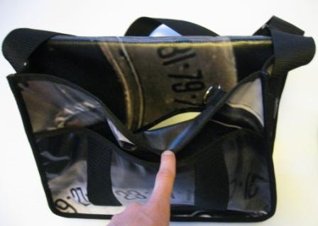 View inside recycled billboard laptop bags